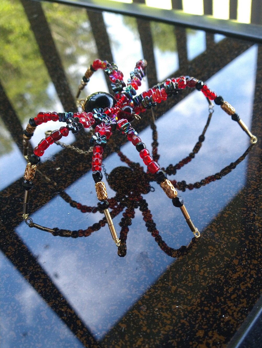 Hand Crafted • Red & Black Floral Beaded Spider Pendant - Picture 8 of 16